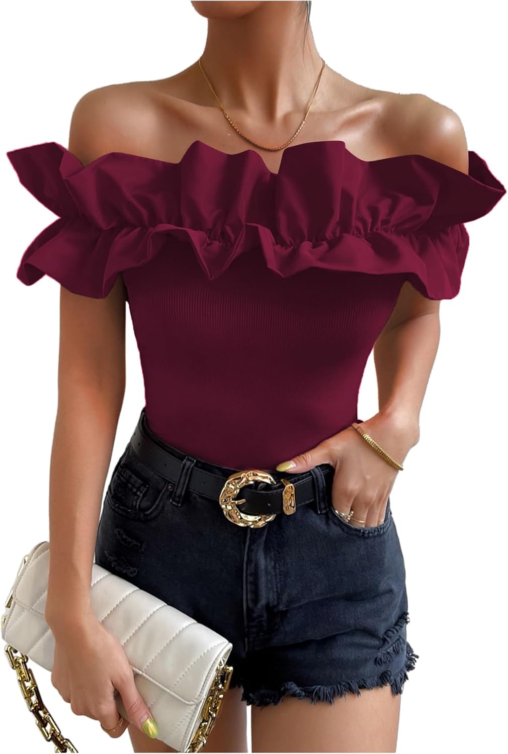 OYOANGLE Women's Ruffle Trim Off Shoulder Blouse for Parties