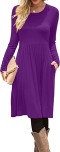 Women Casual Long Sleeve Empire Waist Knee Length Dress - Pockets