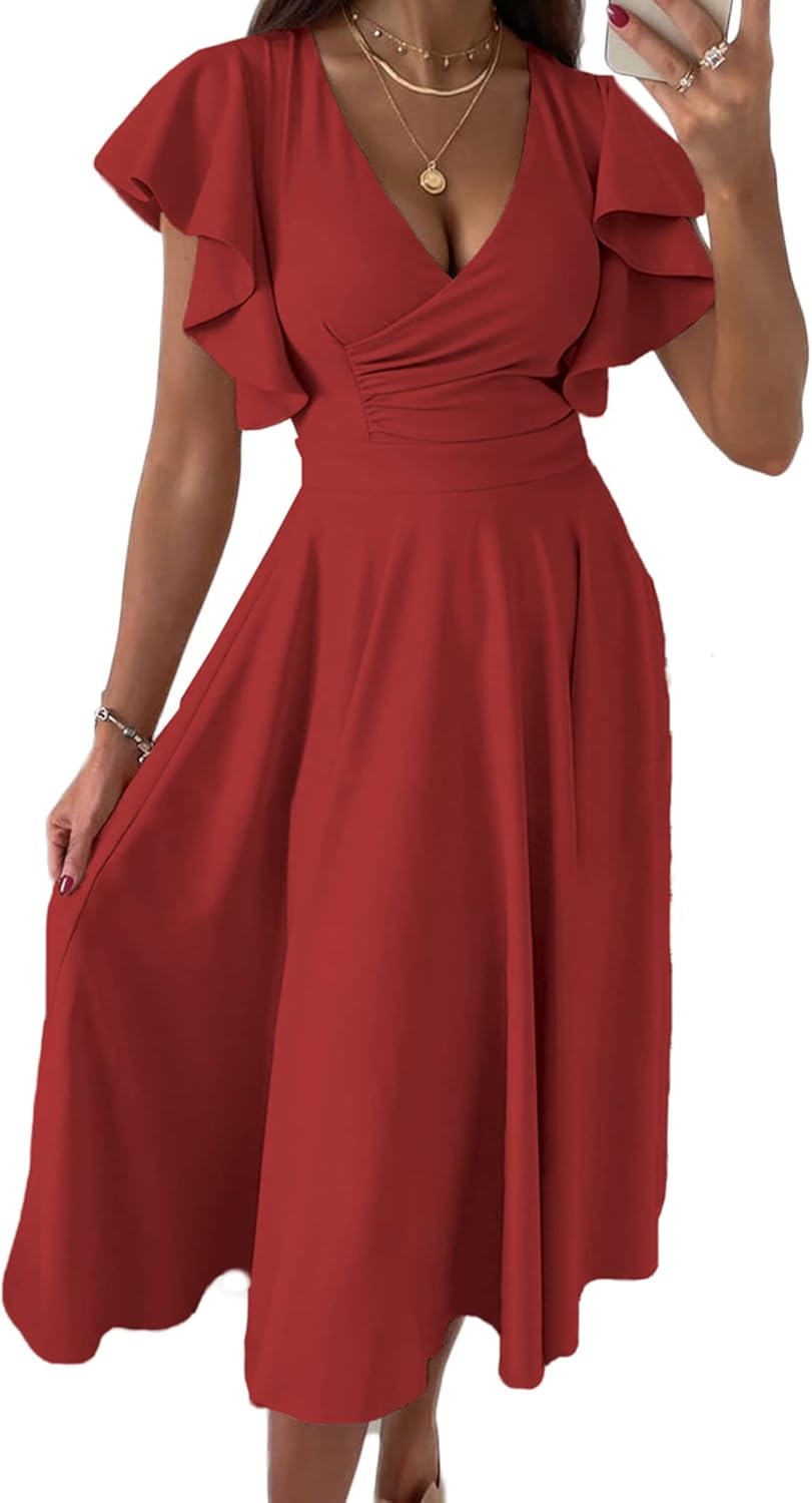Elegant Classy Ruffle Sleeve Midi Dress for Summer Events