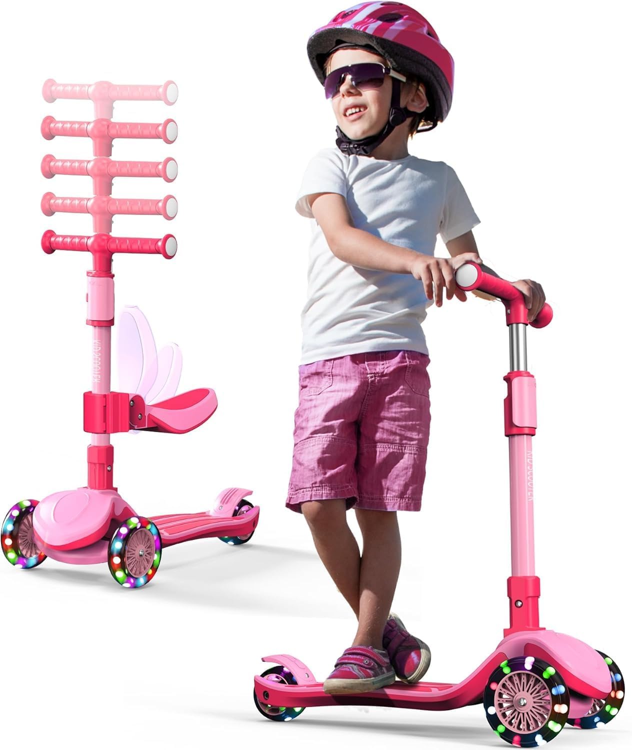 2-in-1 Adjustable Kick Scooter for Kids 3-12 with LED Wheels