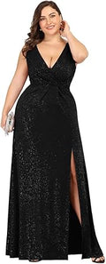 V-Neck Glitter Side Split Plus Size Evening Dress - Shimmery Maxi