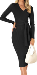 ZESICA Women's 2025 Fall Ribbed Knit Midi Dress - Slim V Neck Fit