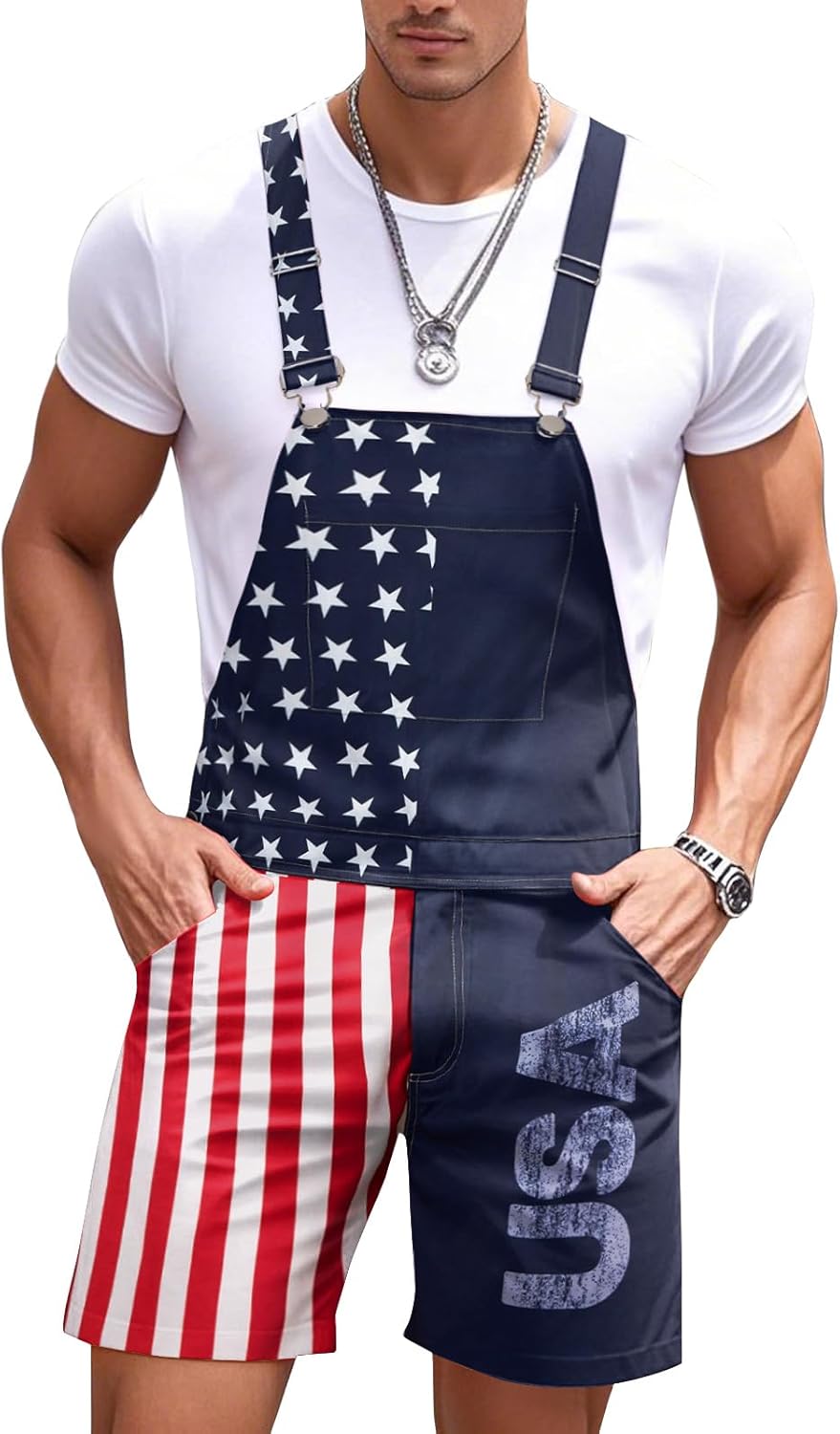 Mens American Flag Overalls Shorts for 4th of July Fun