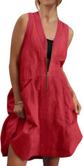 Sleeveless Tank Mini Dress - Casual Half Zip V Neck Mesh Back