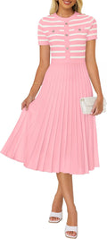 ZESICA Women's 2025 Casual Striped Midi Dress - Flattering Pleated