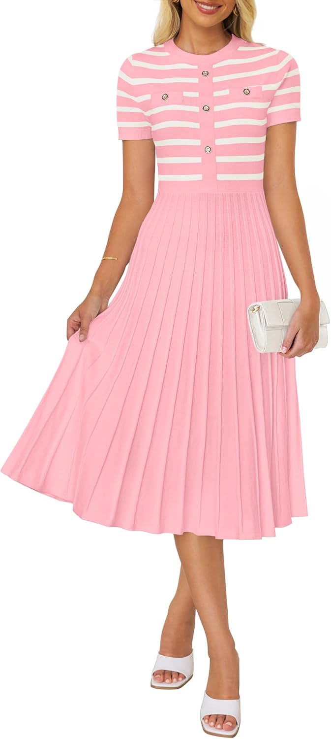 ZESICA Women's Casual Striped Midi Dress for Summer Elegance