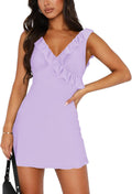 Women's V Neck Sleeveless Backless Ruffles Mini Dress - Elegant Mesh