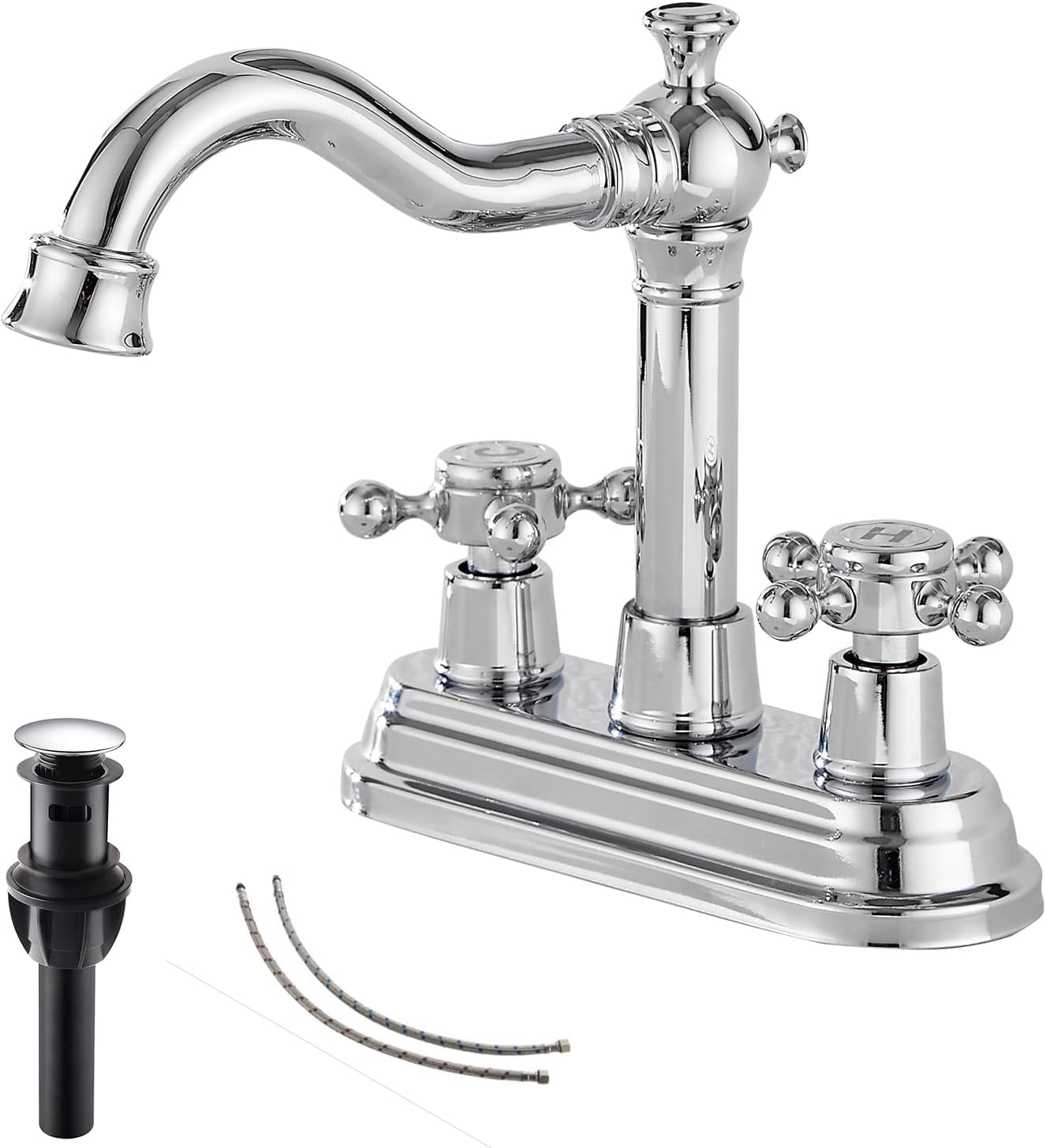 Chrome Bathroom Faucet with 2 Handles and Drain Assembly