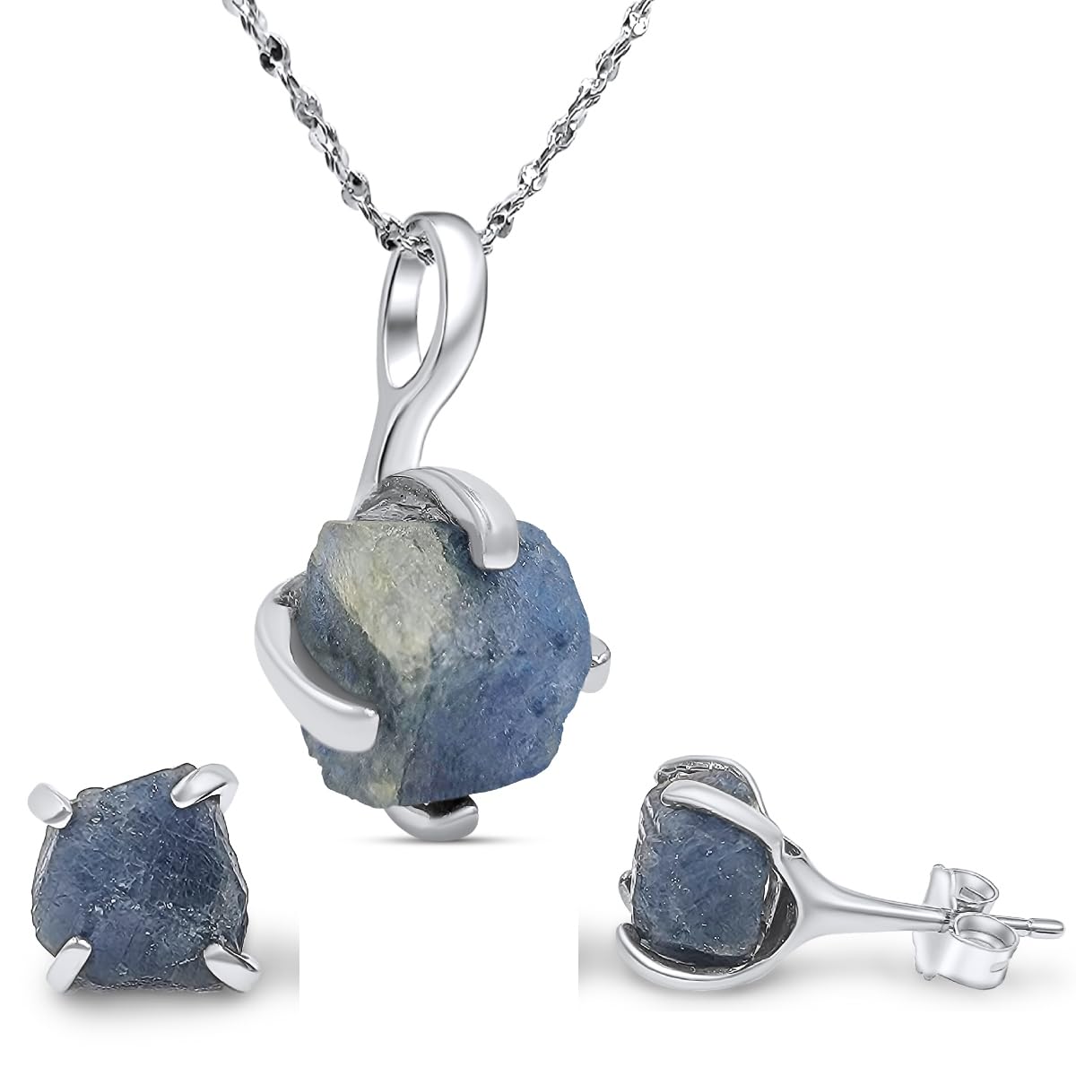 Real Raw Blue Sapphire Jewelry Set with 925 Sterling Silver