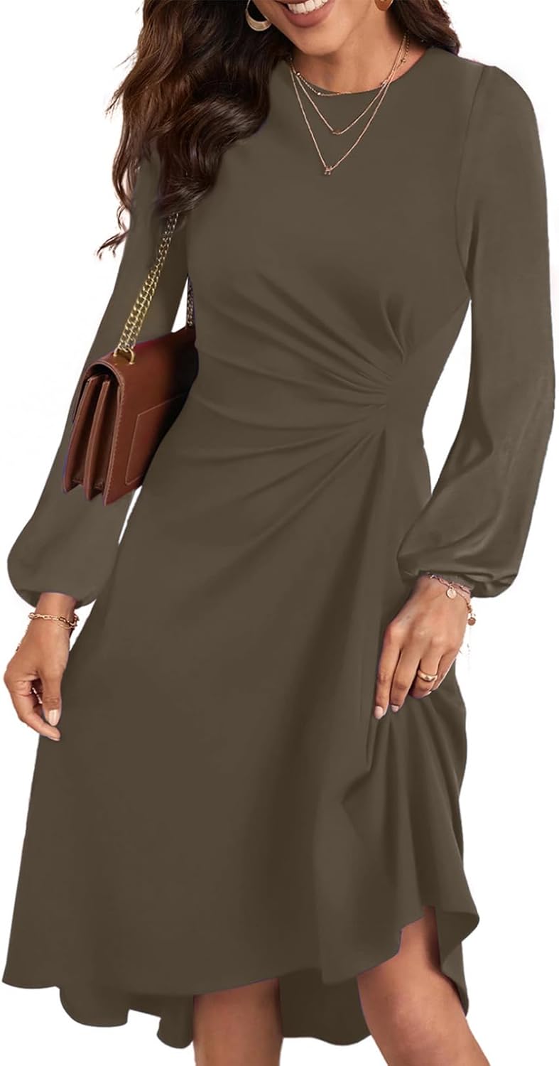 Happy Sailed Women's Long Sleeve Ruched Waist Midi Dress