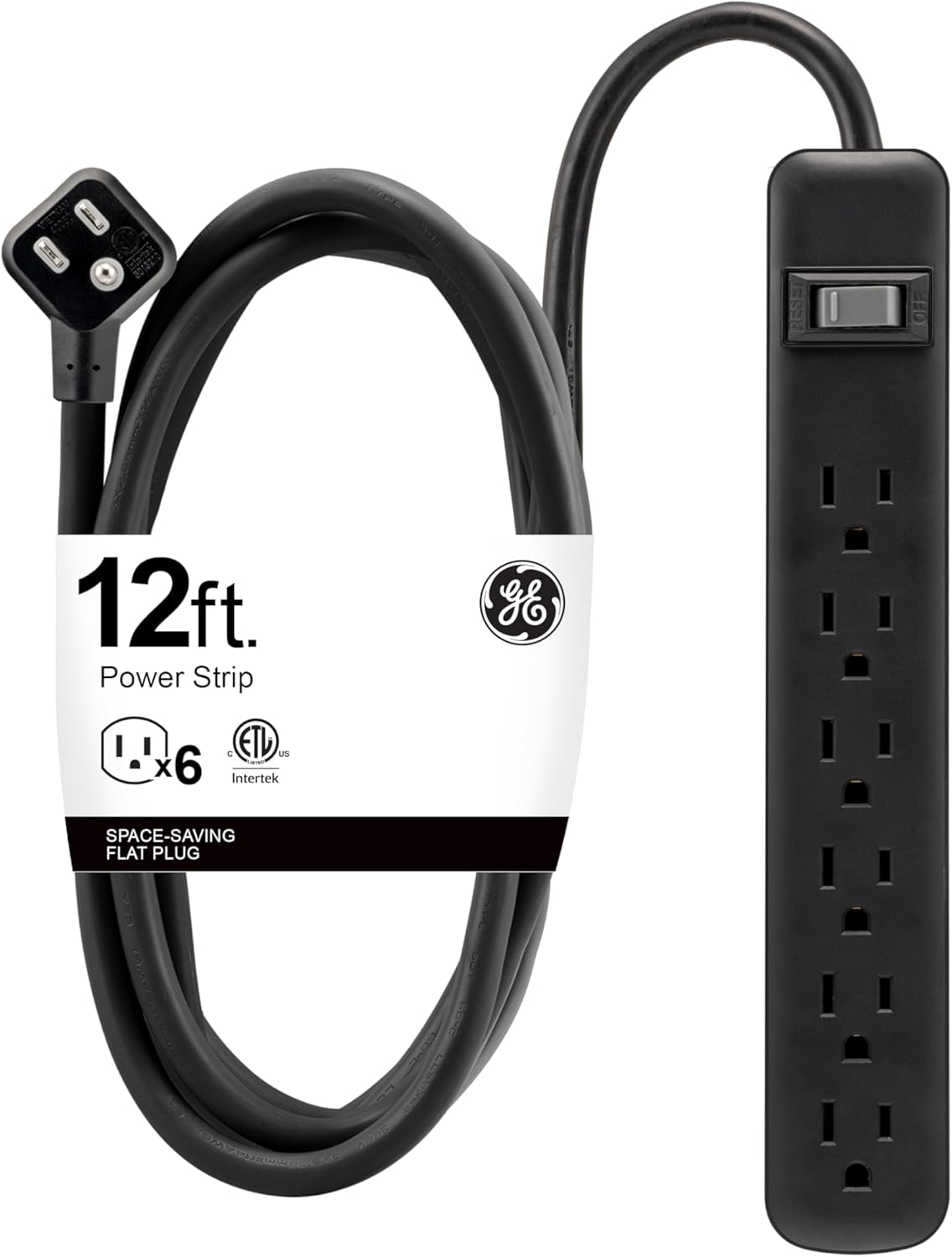 GE Power Strip: 12 Ft Cord, Flat Plug, Surge Protection