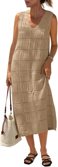 Womens Crochet Sleeveless V Neck Midi Dress - Boho Beach Cover Up