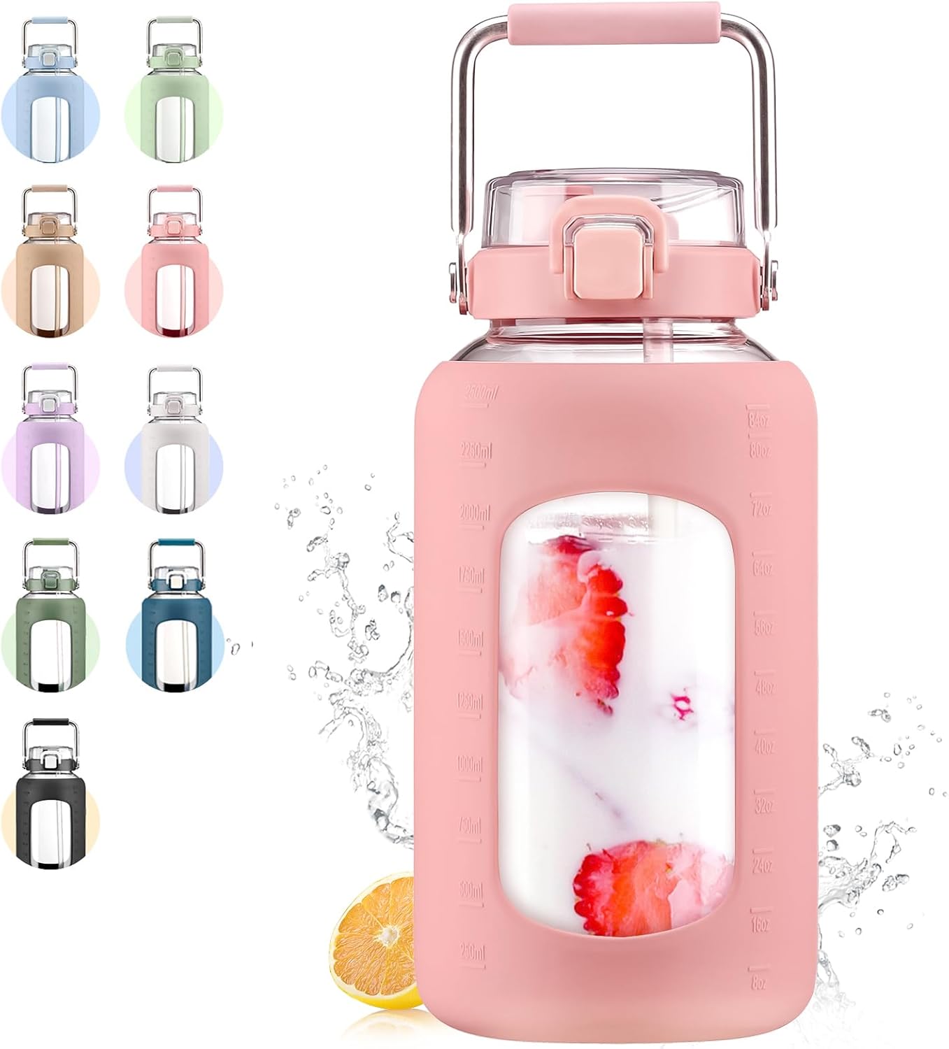 84oz Glass Water Bottle with Stainless Steel Handle for Gym
