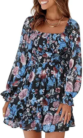 Dokotoo Womens Summer Dresses Square Neck Lantern Sleeve Style