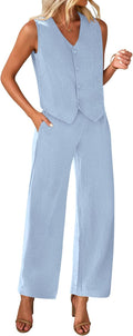 Womens Two Piece Summer Suit Sets V Neck Crop Vest and Wide Leg Pants