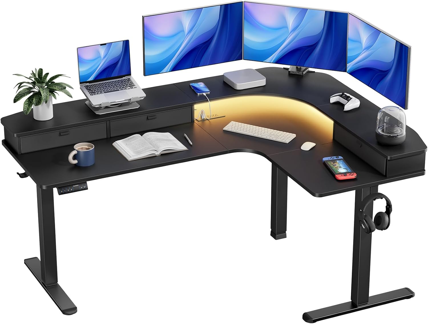 HUANUO L-Shaped Standing Desk: Electric Height Adjustable with Power Outlets & LED Strip