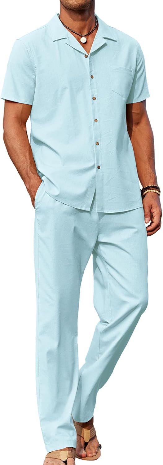 COOFANDY Men 2 Piece Linen Outfit for Beach and Casual Wear