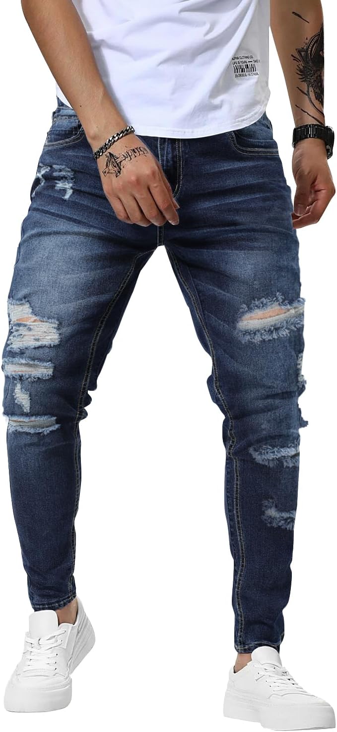 Woenzaia Mens Jeans Slim Fit Skinny Denim Stretch Tapered Pants