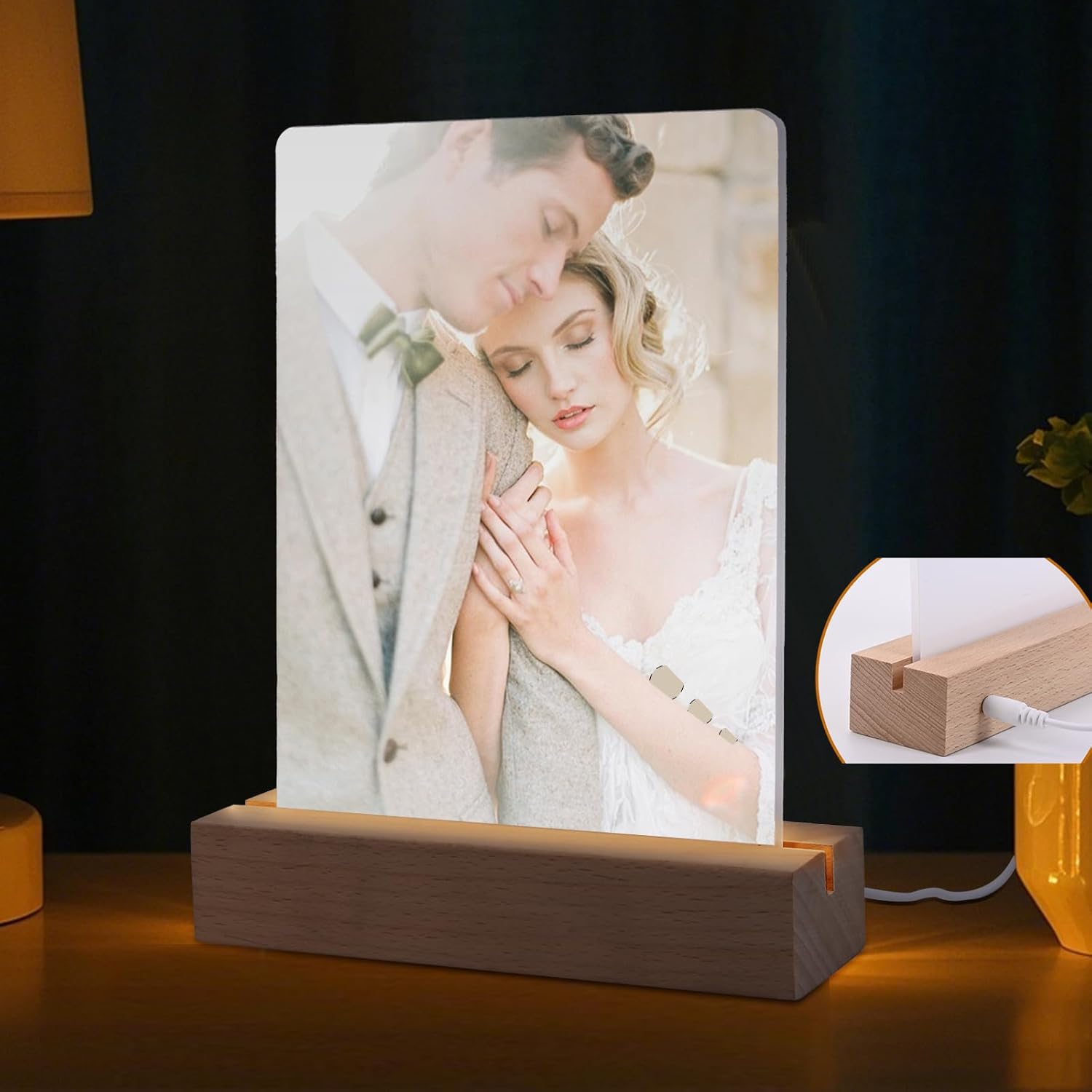 5in x 7in Acrylic Photo Frames with LED Light and Wood Stand