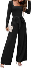 Jumpsuits For Women Dressy Long Sleeve Square Neck Belted Wide Leg