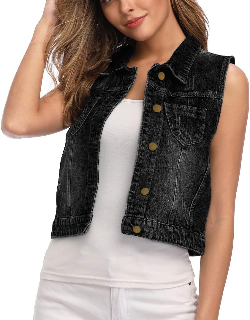 Womens Denim Jean Vest Classic Cropped Distressed Jacket Style