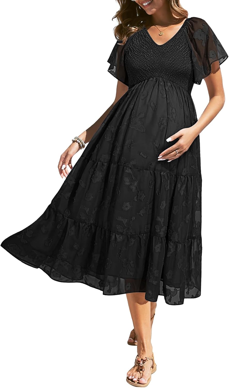 Maternity Dress for Baby Shower - Flutter Sleeve Midi Style