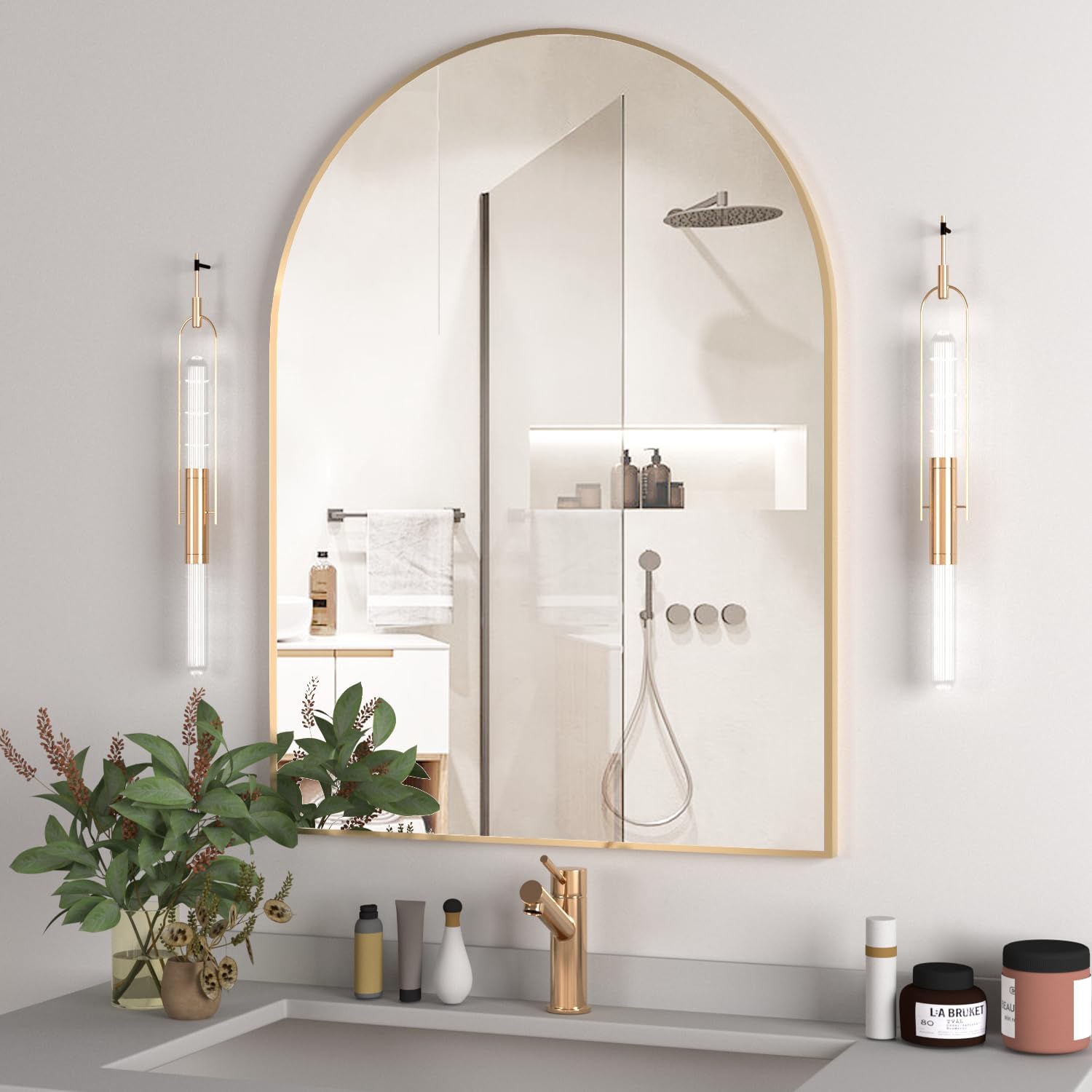 Arched Wall Mirror for Bathroom, 30x40 Gold Vanity Decor