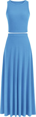Women's 2 Piece Maxi Skirt Set - Comfortable Knit Crop Top & High