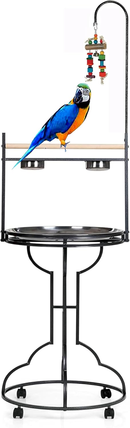 Elegant Wrought Iron Parrot Bird Play Perch with Rolling Stand