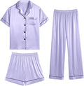 Womens Silk Satin Pajama Set 3Pc Button-Down Short Sleeve - Soft Satin