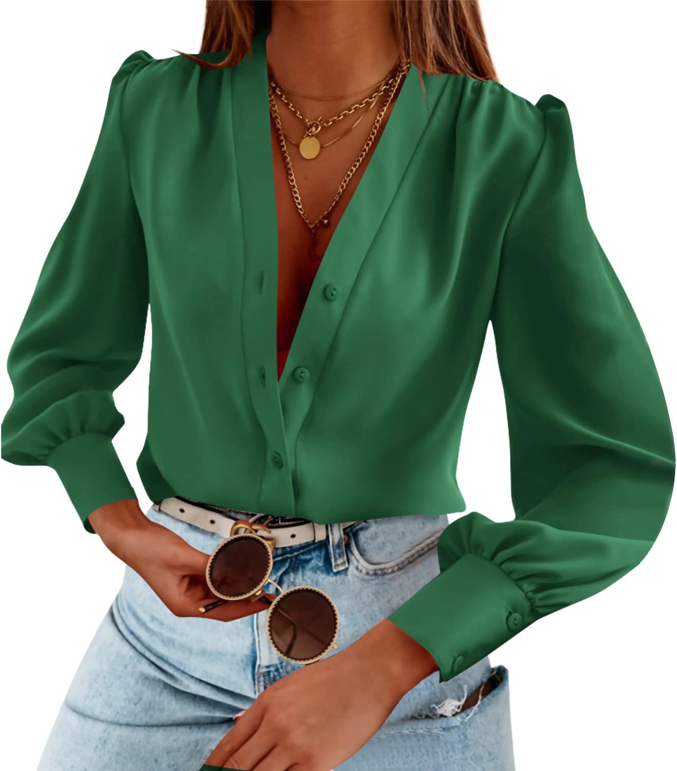 Women's Business Casual Tops Long Sleeve V Neck Chiffon Blouses