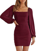 ANRABESS Square Neck Mesh Ruched Bodycon Mini Dress - Party Fit