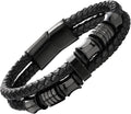Mens Double-Row Black Braided Leather Bracelet with Steel Ornaments