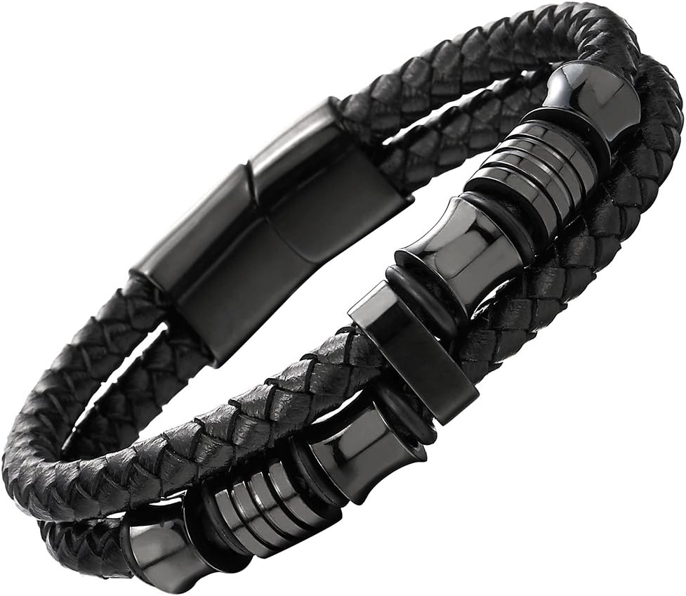 Mens Double-Row Black Braided Leather Bracelet with Steel Ornaments