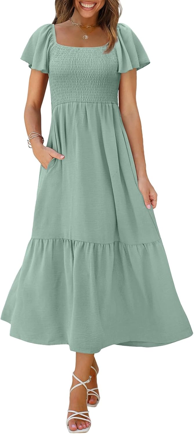 OFEEFAN Summer Dresses for Women with Ruffle Sleeves and Pockets