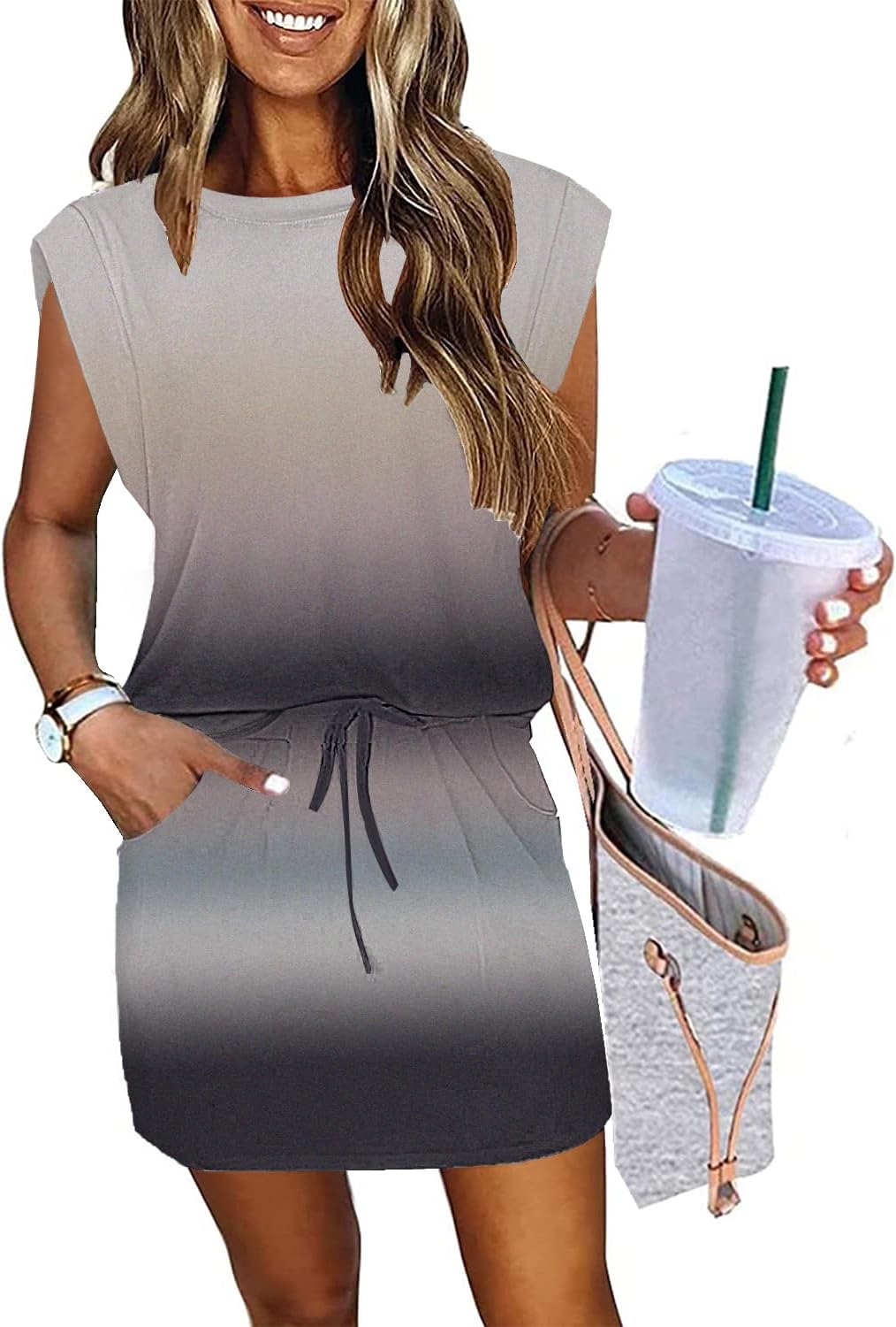 ETCYY NEW Womens Cap Sleeve Summer Dress with Tie Front Design
