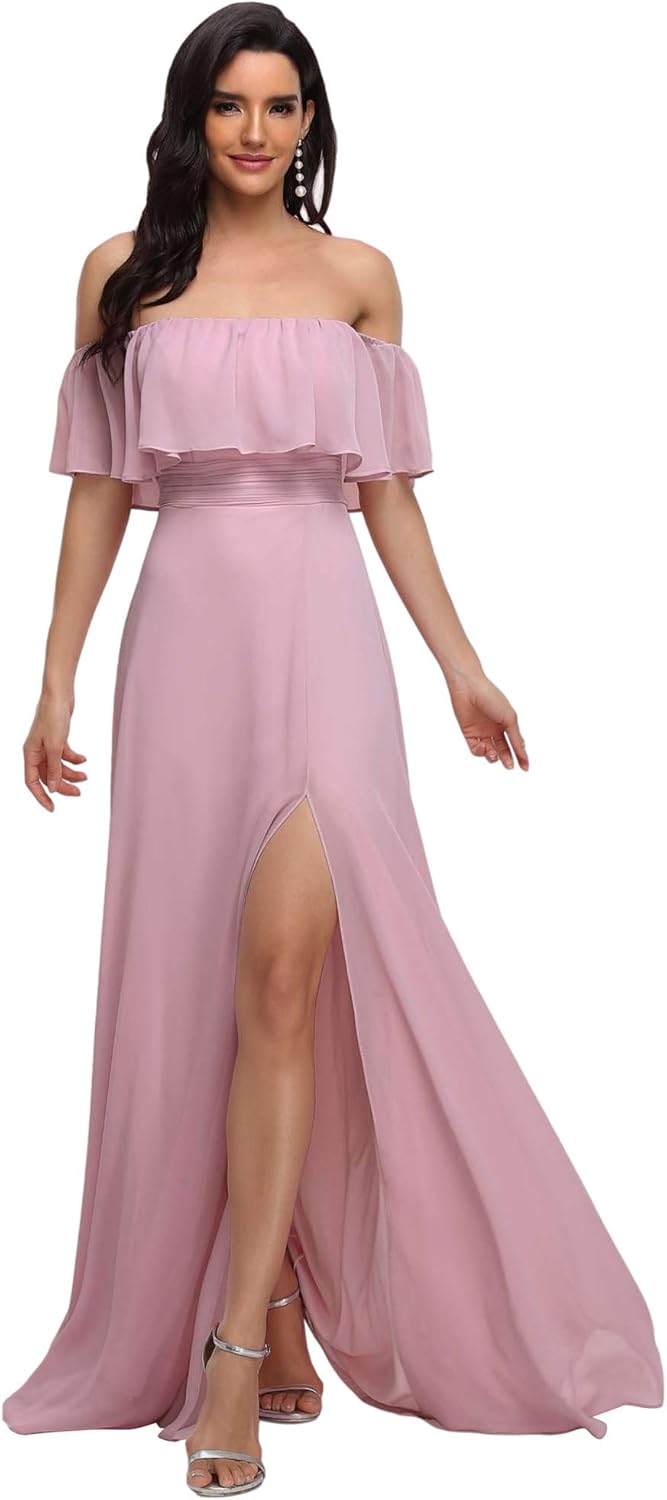 Elegant Off The Shoulder Side Split High Waist Maxi Dress