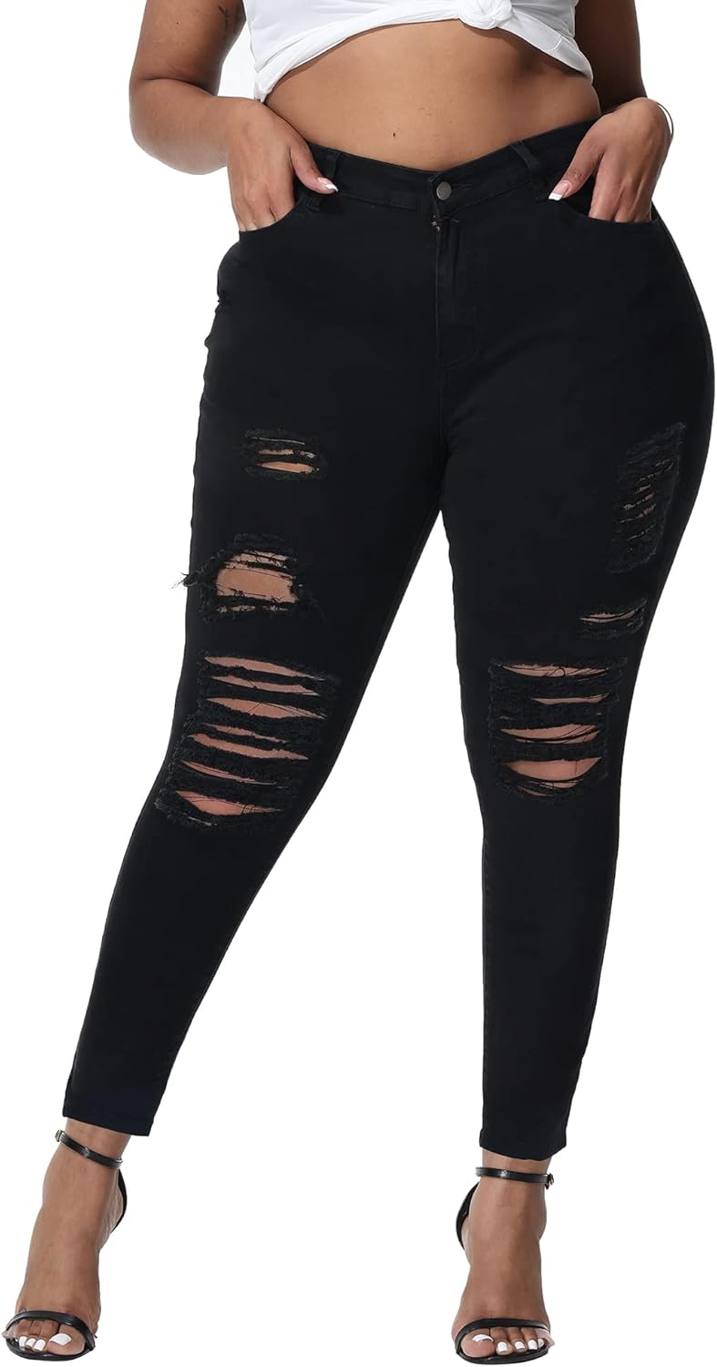 Womens Plus Size Skinny Jeans High Waisted Ripped Distressed