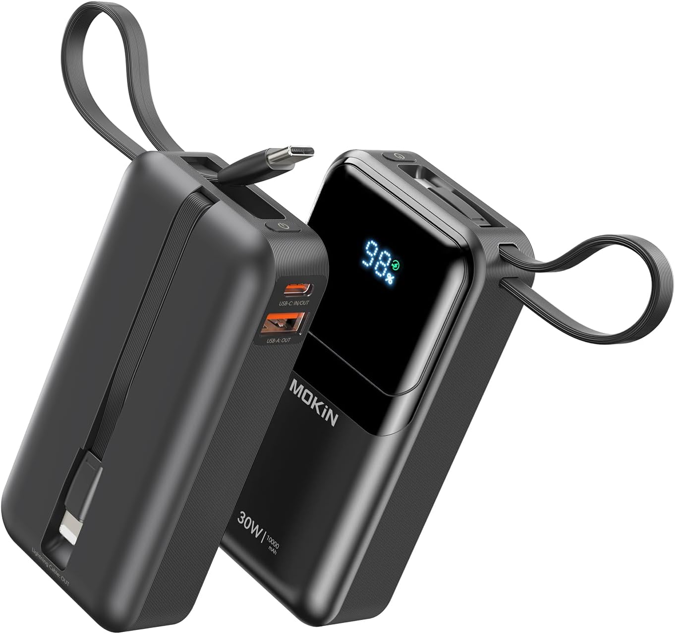 imokin Portable Charger: 10000mAh Fast Charge, 2 Built-in Cables, Digital Display