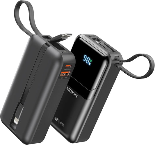 Fast Charge Power Bank with Built-in Cables, 10000mAh, USB-C, Digital Display