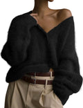 Yimoon Womens Fuzzy Cardigan Sweater V Neck Button