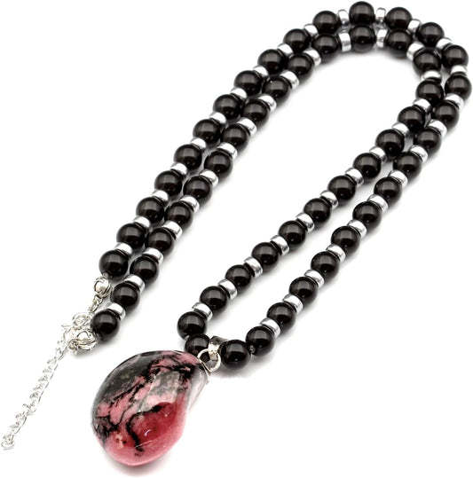Natural Raw Tourmaline Pendant and Black Onyx Beaded Necklace