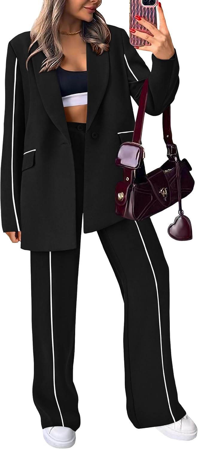 PRETTYGARDEN Women's Fall Spring Blazer and Wide Leg Pants Set