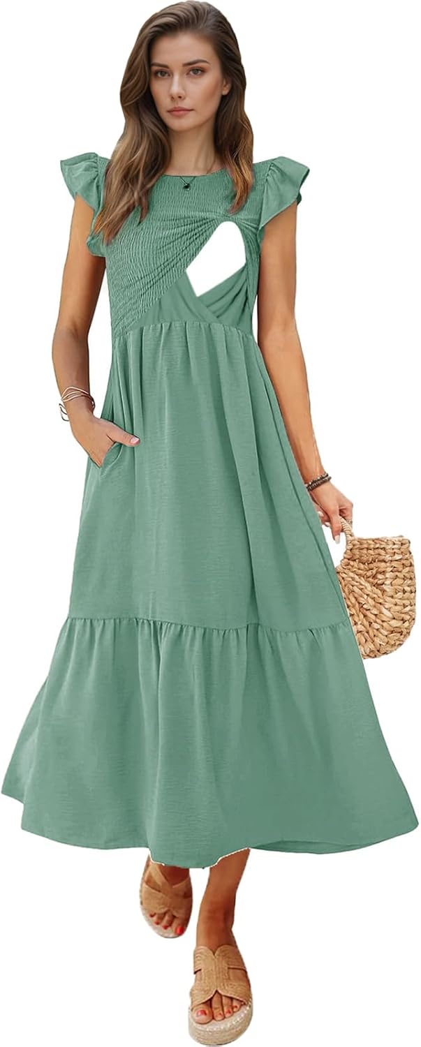 Women's Nursing Dress with Flutter Sleeves and Pockets