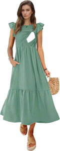 Women's Nursing Dress Flutter Short Sleeve Smocked Midi (Style J2SG)