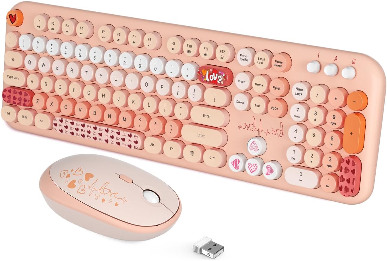 Cute Retro Wireless Keyboard & Mouse Set - Coffee
