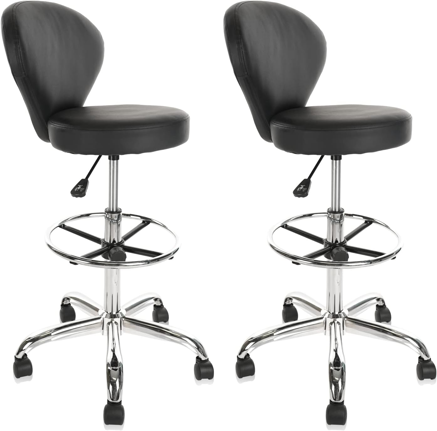 Black PVC Faux Leather Drafting Chair Set of 2 with Back Support