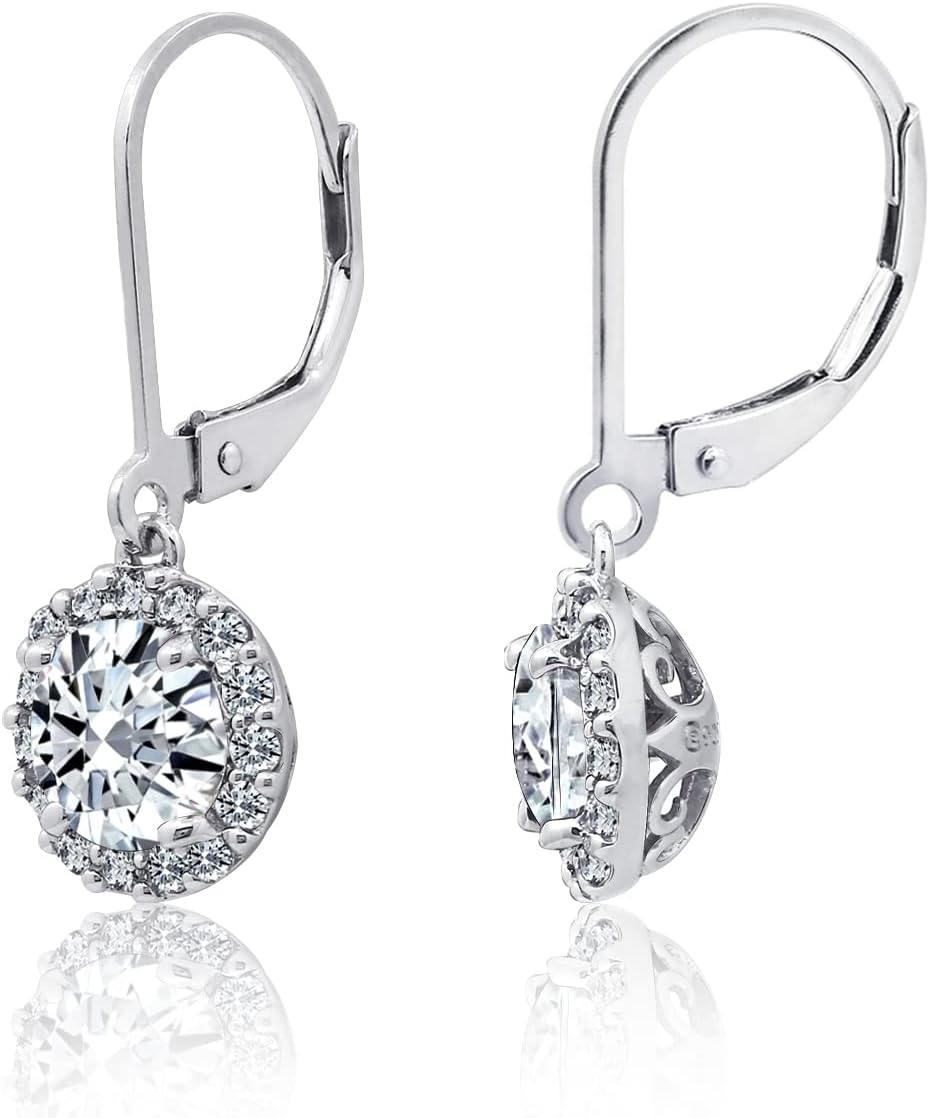 Sterling Silver Halo Leverback Drop Earrings with Cubic Zirconia