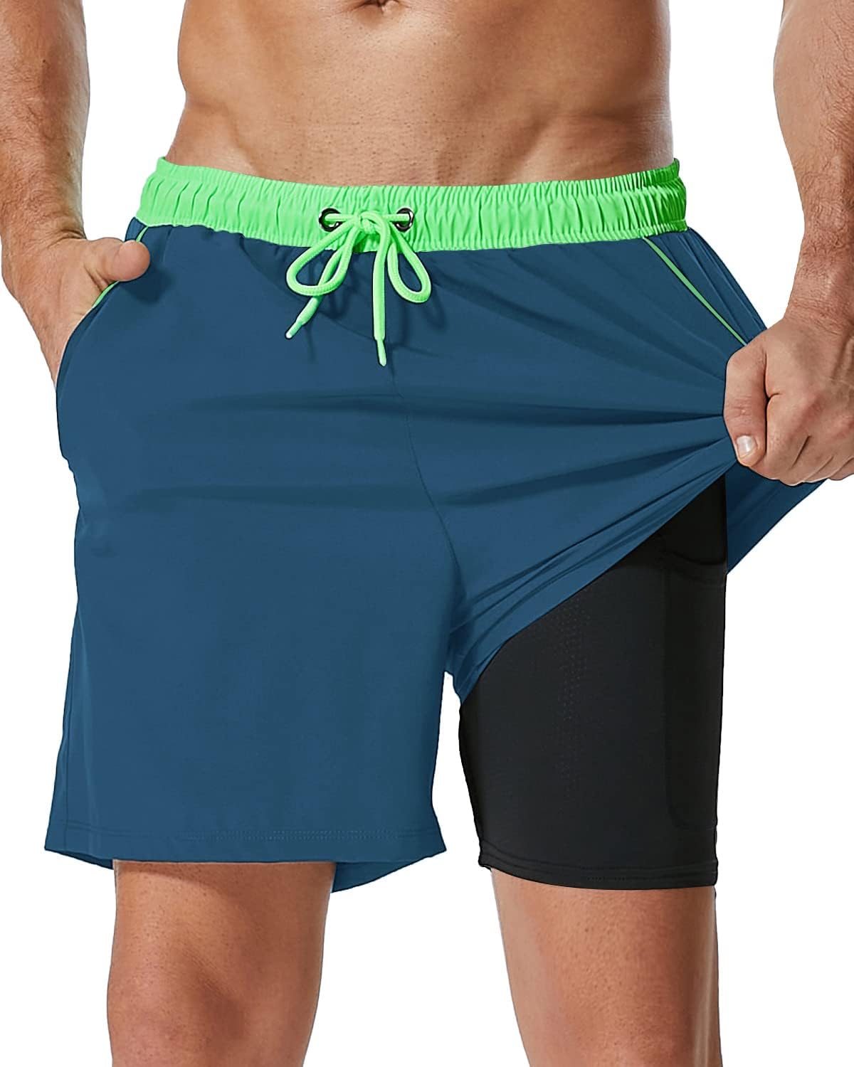 SILKWORLD Mens Swim Trunks with Compression Liner for Comfort