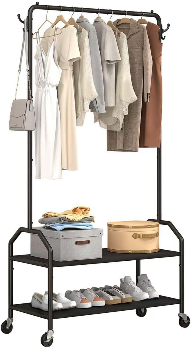 Clothes Rack for Hanging Clothes with Bottom Shelves and Wheels
